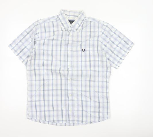 Fred Perry Men’s White Blue Check Cotton S Button-Down Short Sleeve Shirt