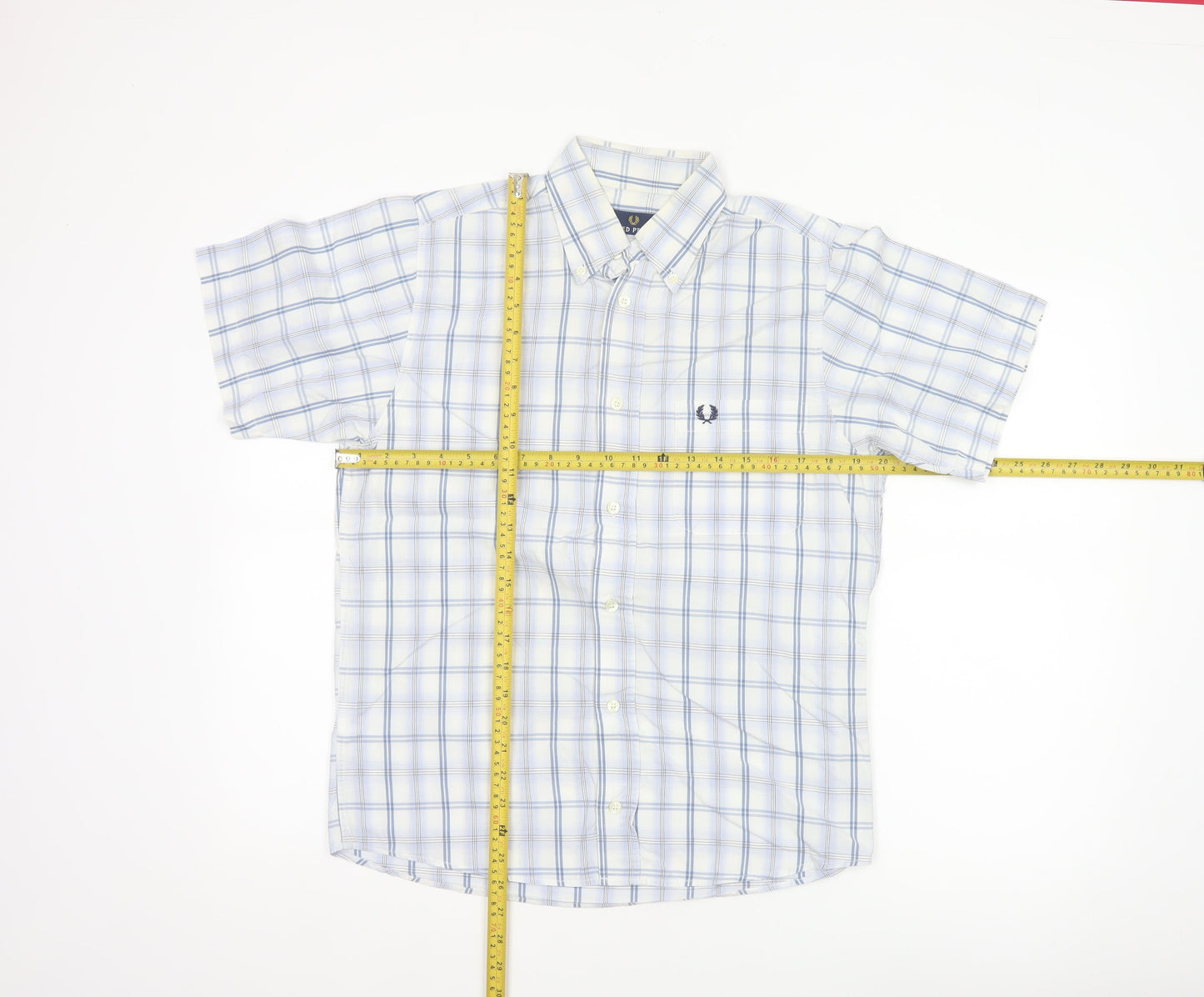 Fred Perry Men’s White Blue Check Cotton S Button-Down Short Sleeve Shirt