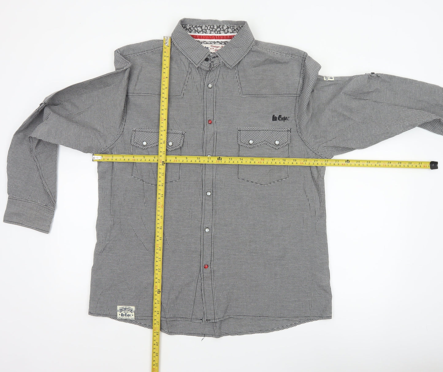 Lee Cooper Men's Grey Check Snap Western Shirt Size L Long Sleeve