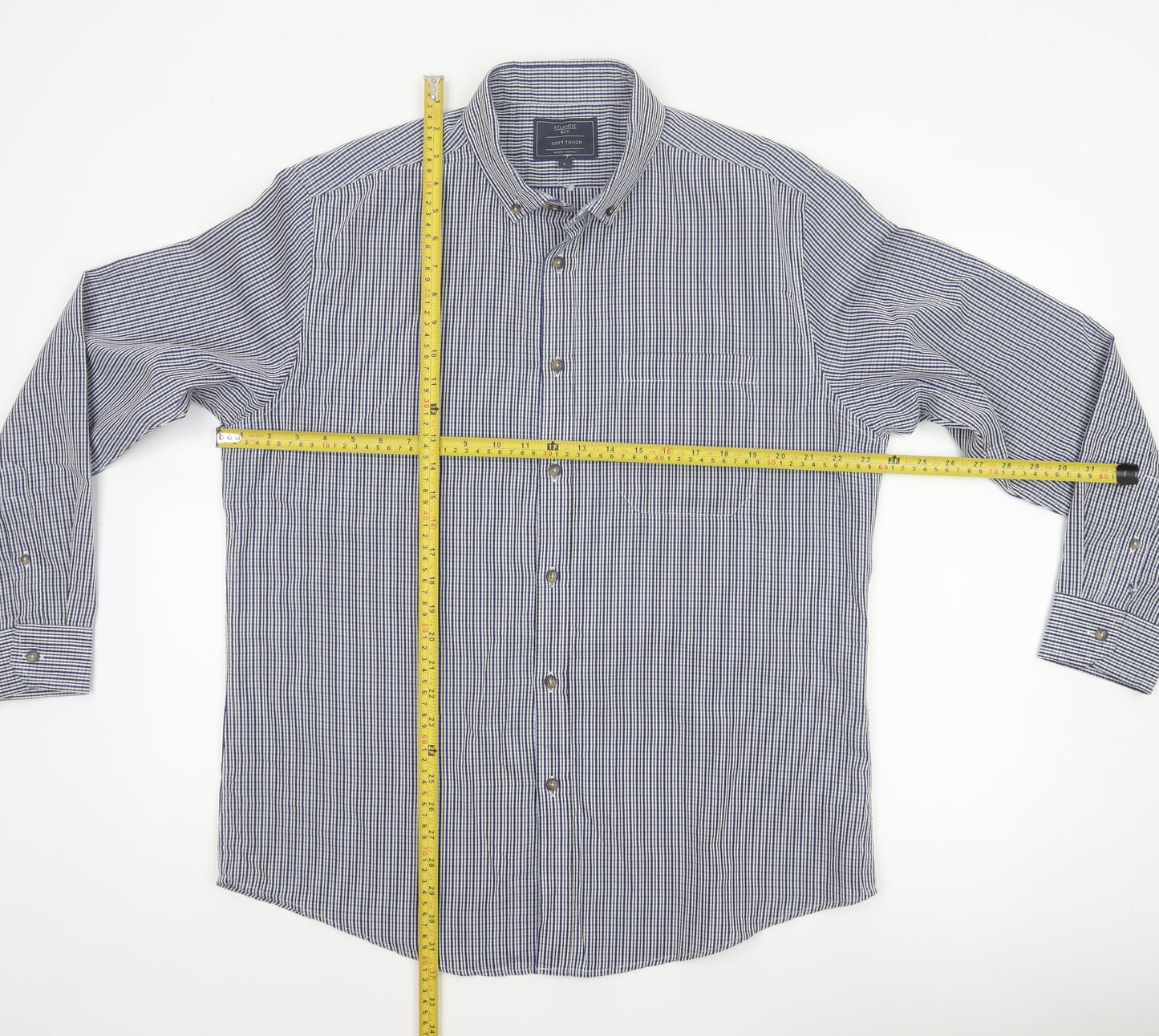 Atlantic Bay Men's Blue Check Button Down Shirt L Long Sleeve Polyester