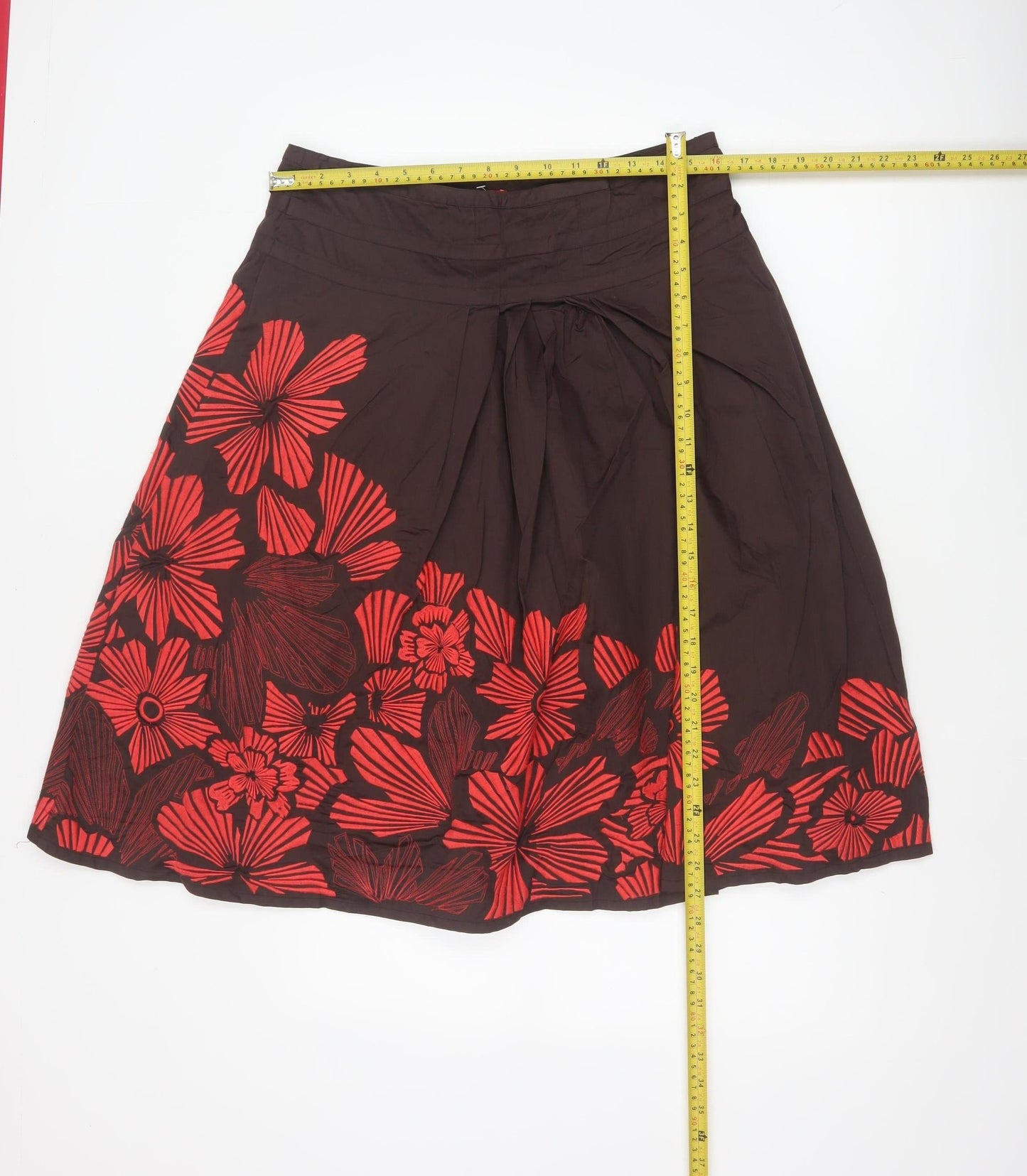 Monsoon Women Brown Red Floral A-Line Pleated Skirt UK 12