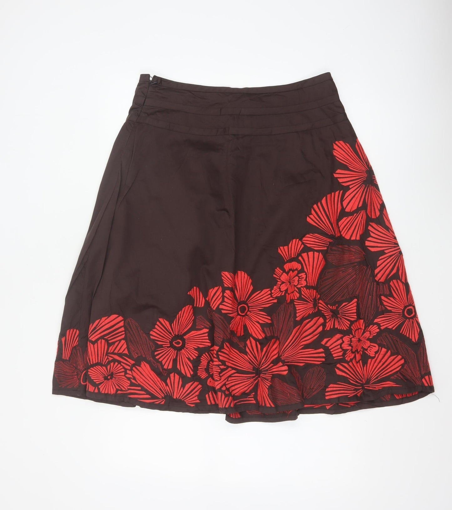 Monsoon Women Brown Red Floral A-Line Pleated Skirt UK 12