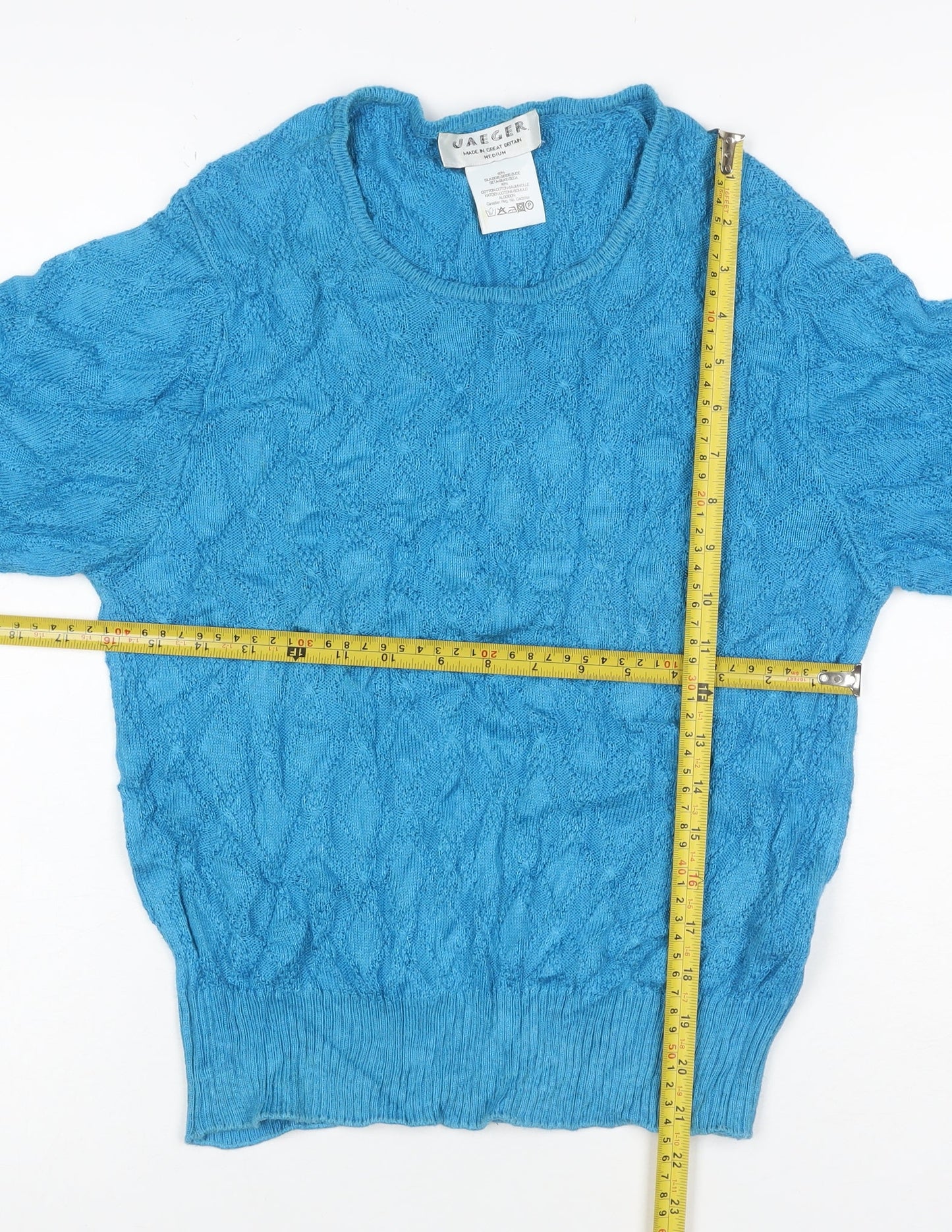 Jaeger Women’s Blue Silk Cotton Cable Knit Short Sleeve Jumper M