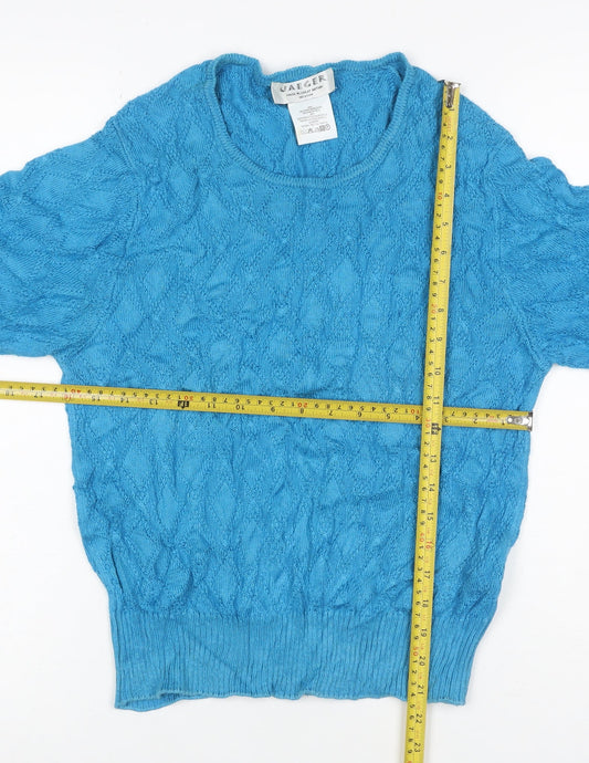 Jaeger Women’s Blue Silk Cotton Cable Knit Short Sleeve Jumper M