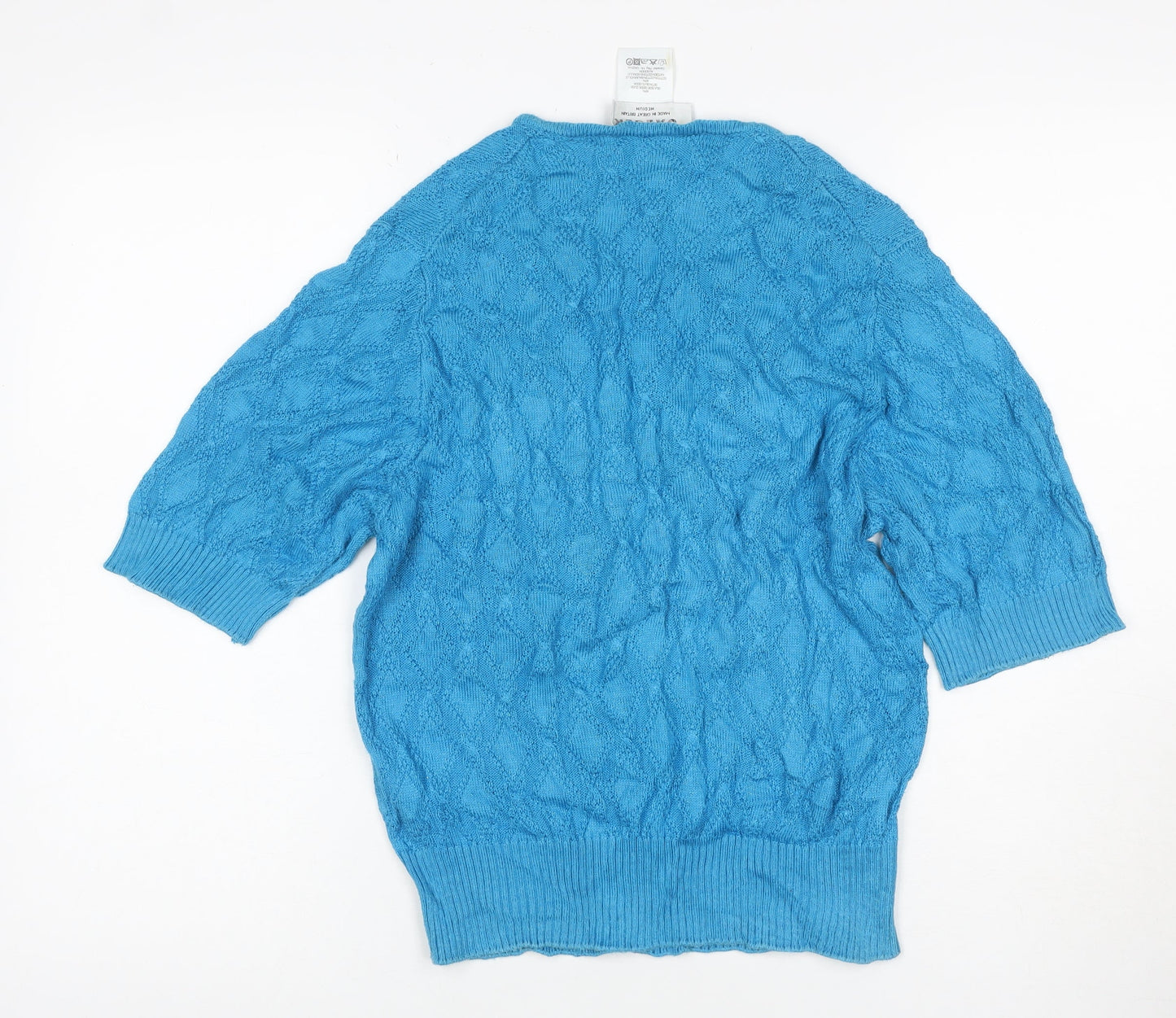 Jaeger Women’s Blue Silk Cotton Cable Knit Short Sleeve Jumper M