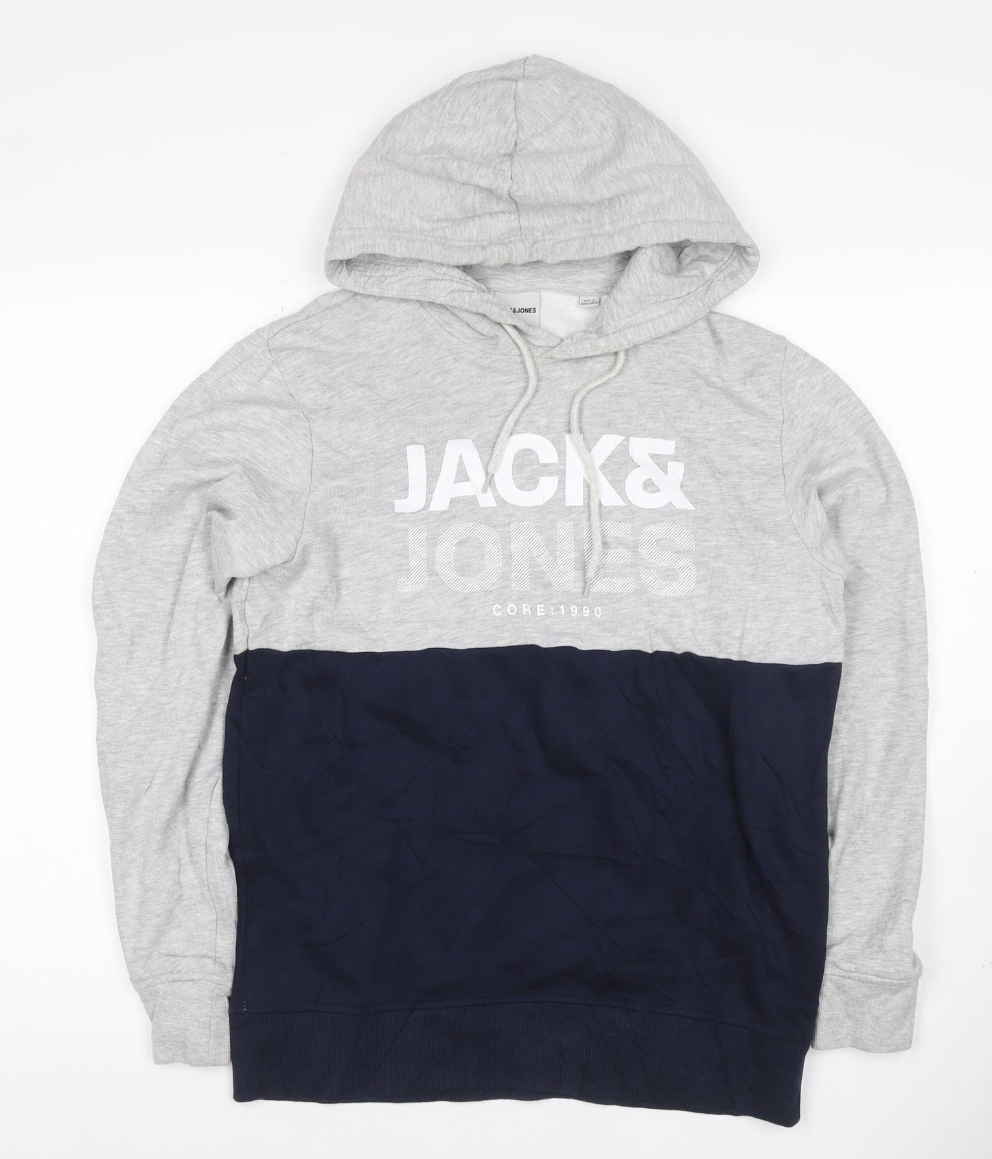 Jack & Jones Men's Grey Navy S Pullover Hoodie Graphic Logo Drawstring