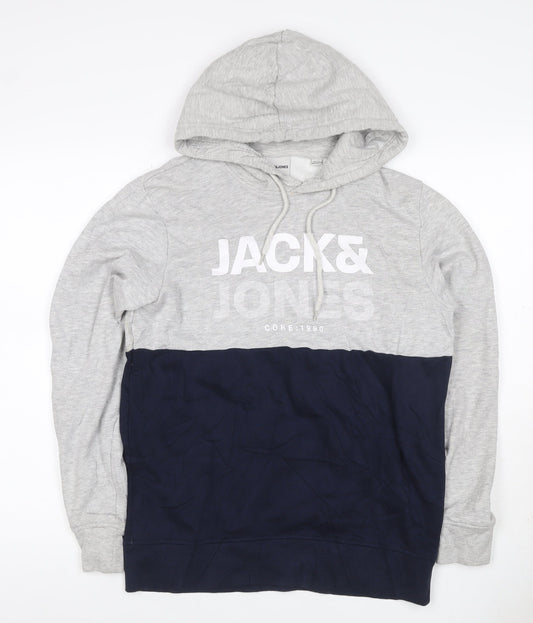 Jack & Jones Men's Grey Navy S Pullover Hoodie Graphic Logo Drawstring