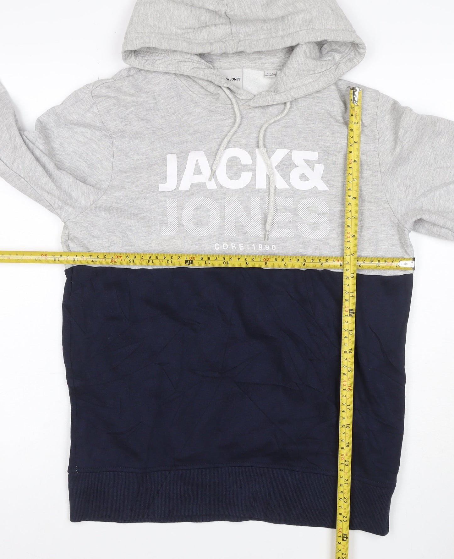 Jack & Jones Men's Grey Navy S Pullover Hoodie Graphic Logo Drawstring