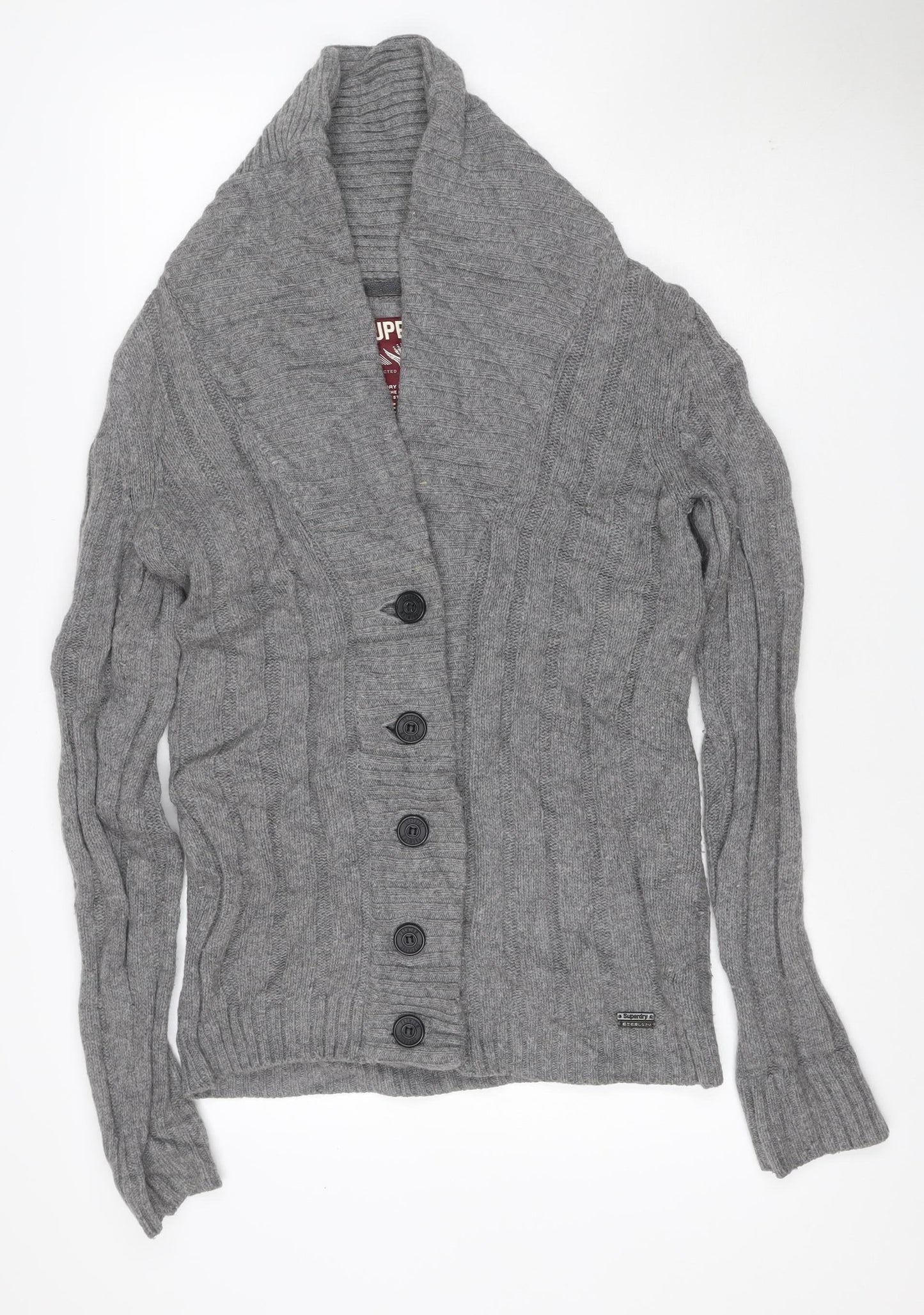 Superdry Men Grey M Cable Knit Wool Blend Button Cardigan