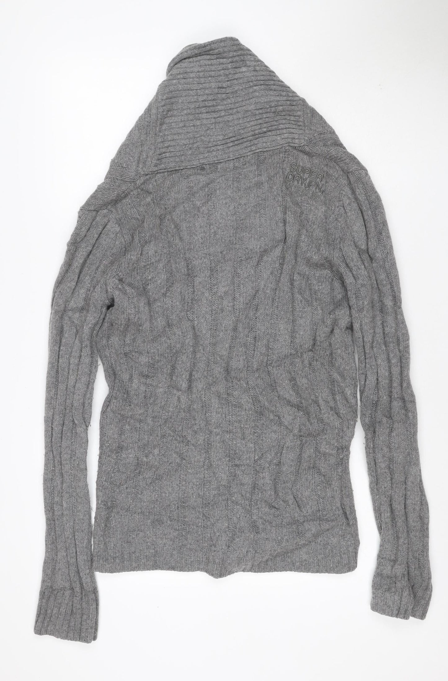 Superdry Men Grey M Cable Knit Wool Blend Button Cardigan