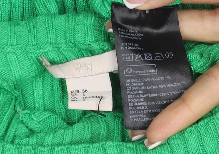 H&M Women Green UK 8 Ribbed Roll Neck Tie Cuff Slim Knit Jumper