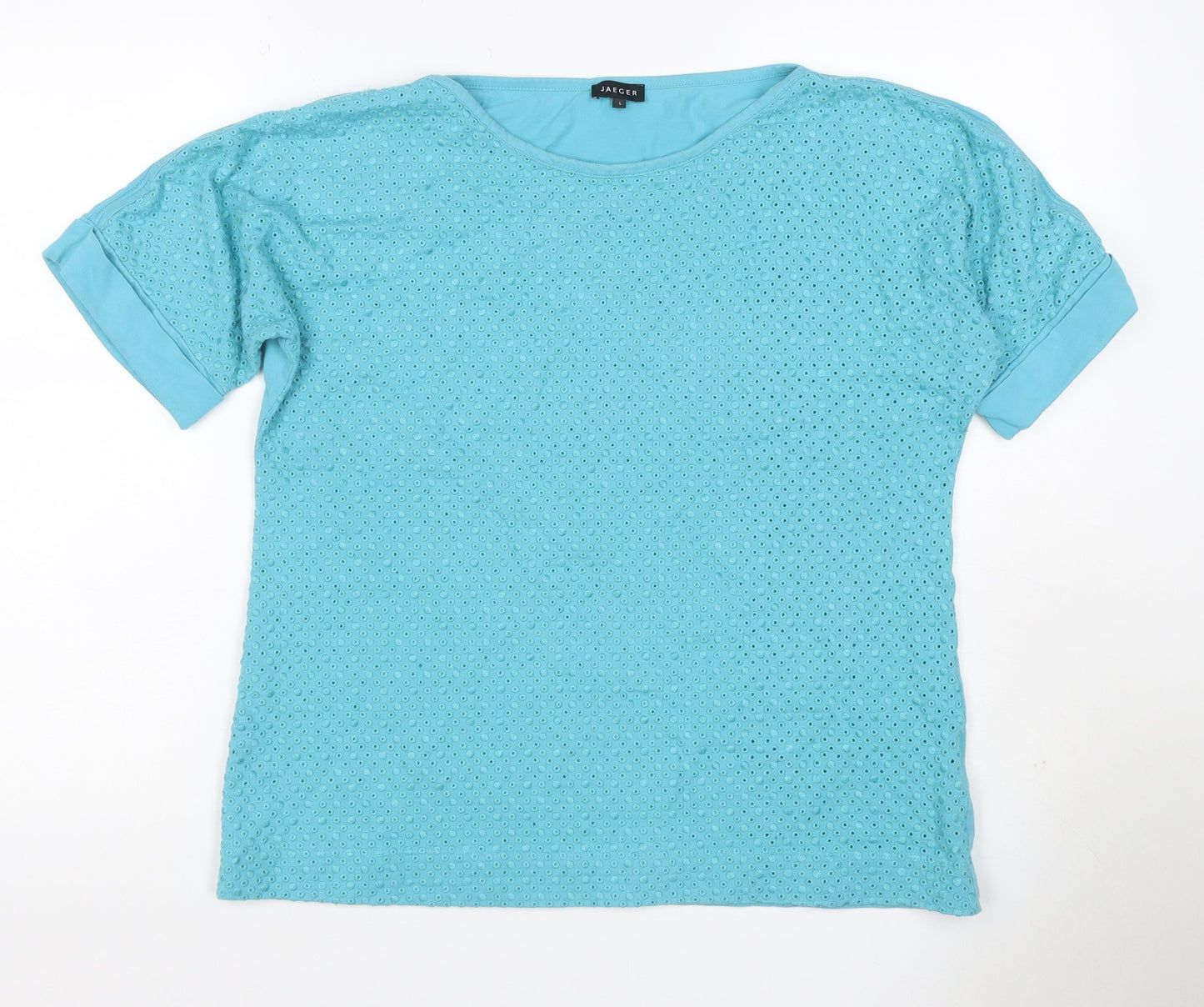 Jaeger Women Blue L Cotton Broderie Anglaise Short Sleeve T-Shirt