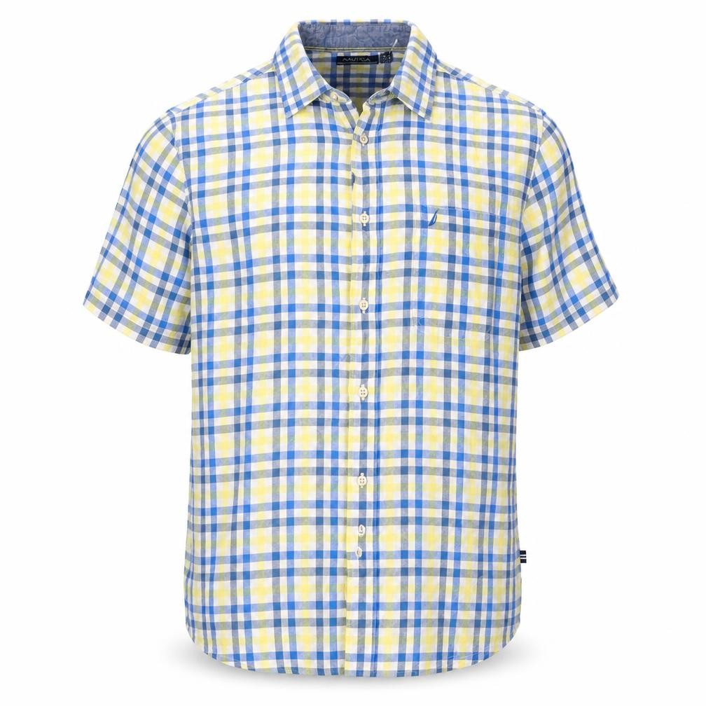 Nautica Men’s XL Blue Yellow Check Linen Cotton Button-Down Shirt