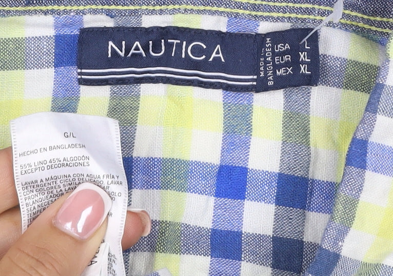 Nautica Men’s XL Blue Yellow Check Linen Cotton Button-Down Shirt