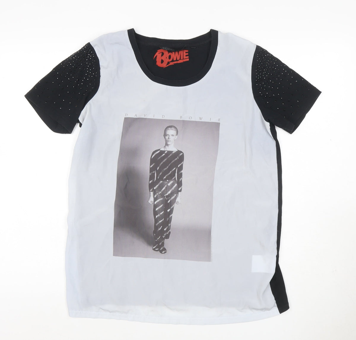 Silvian Heach Women White Black S David Bowie Rhinestone Ringer T-Shirt