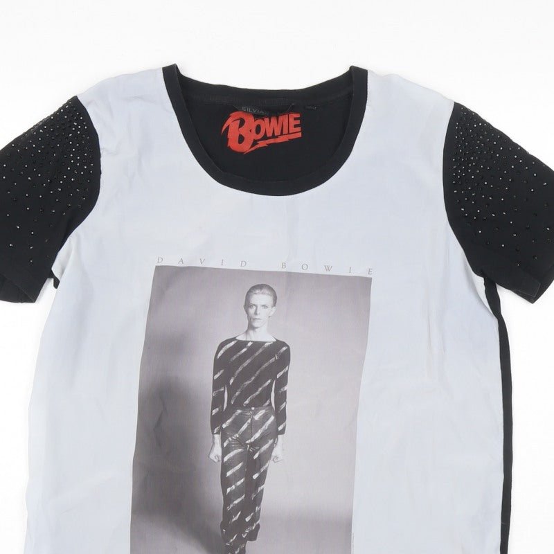 Silvian Heach Women White Black S David Bowie Rhinestone Ringer T-Shirt