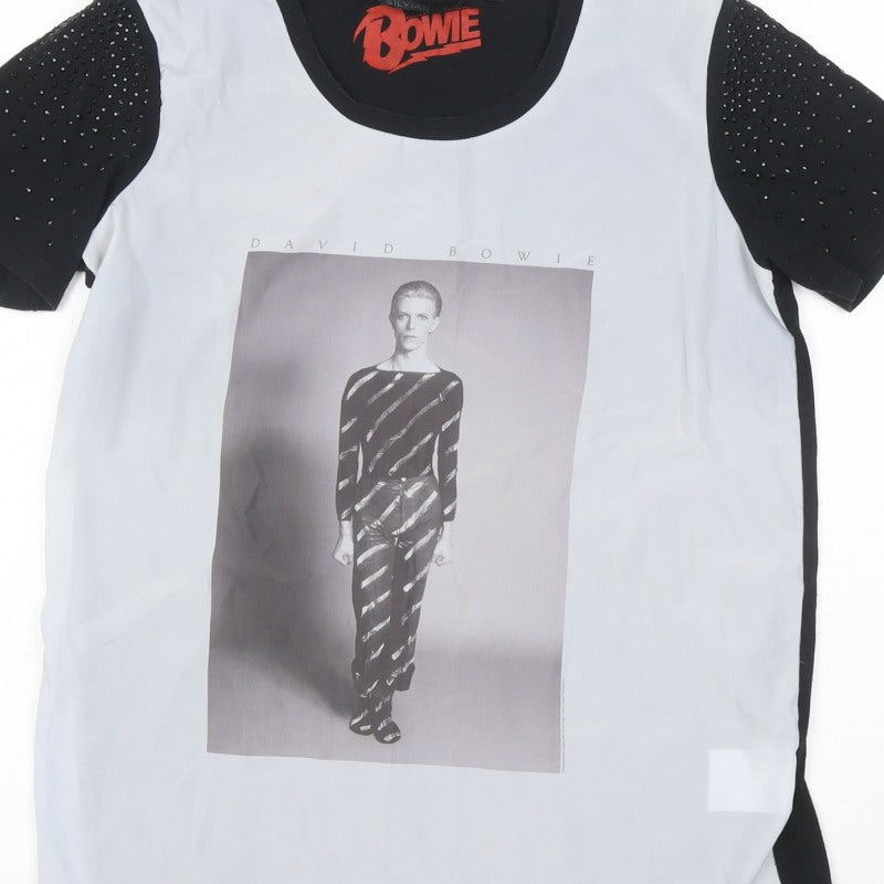 Silvian Heach Women White Black S David Bowie Rhinestone Ringer T-Shirt