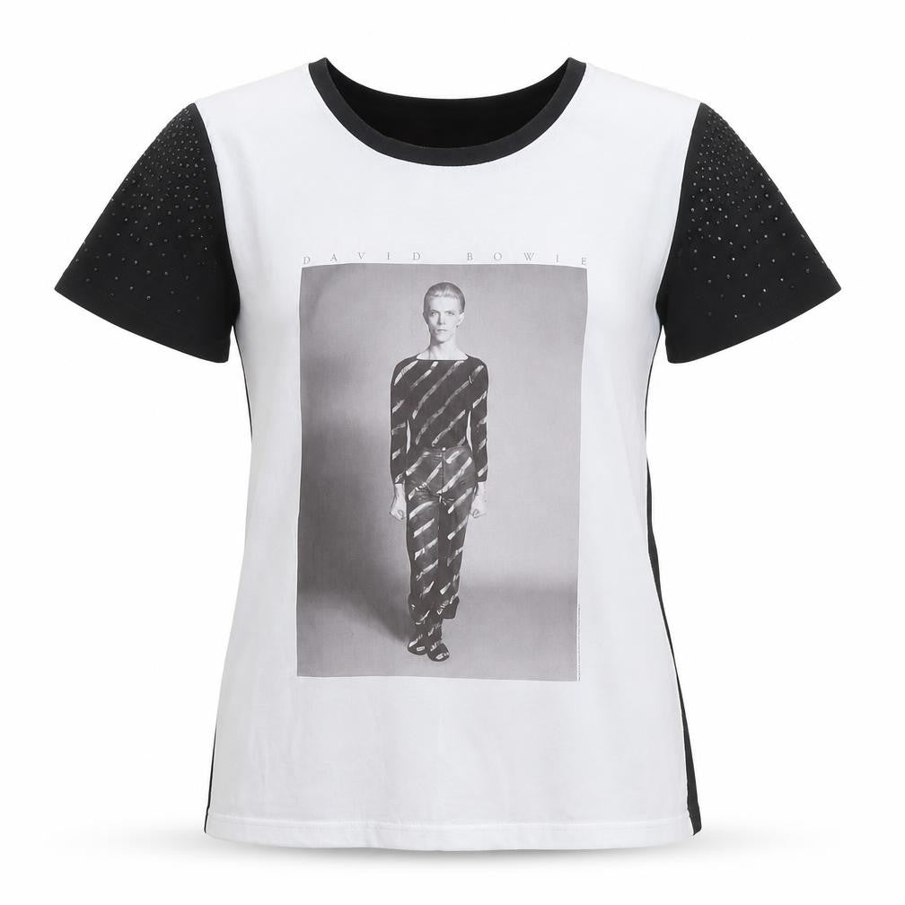 Silvian Heach Women White Black S David Bowie Rhinestone Ringer T-Shirt