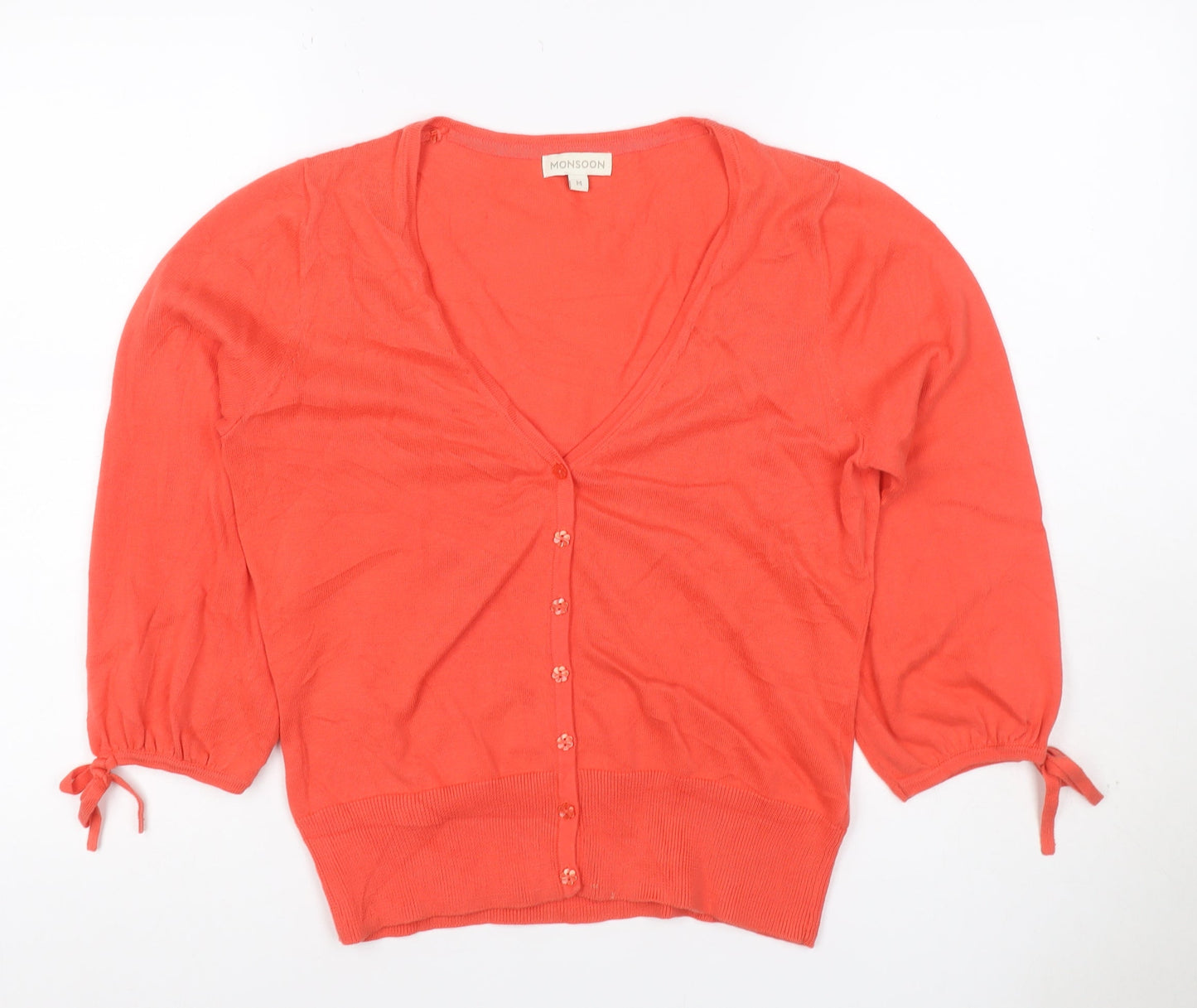 Monsoon Women Orange M Cotton V-Neck Button Tie Cuff Cardigan