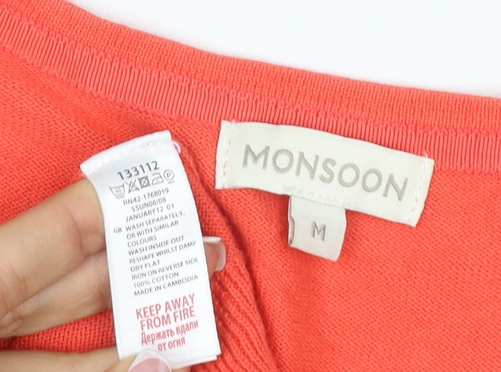 Monsoon Women Orange M Cotton V-Neck Button Tie Cuff Cardigan
