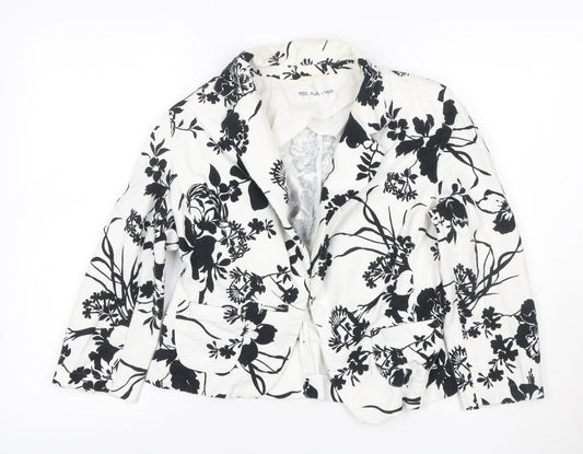 Marks and Spencer Women White Black Floral Linen Blend Blazer UK 10