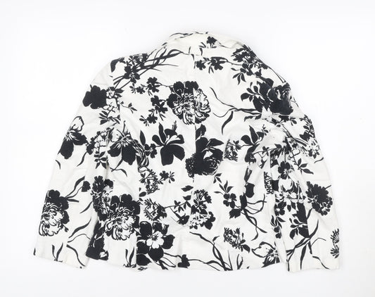 Marks and Spencer Women White Black Floral Linen Blend Blazer UK 10