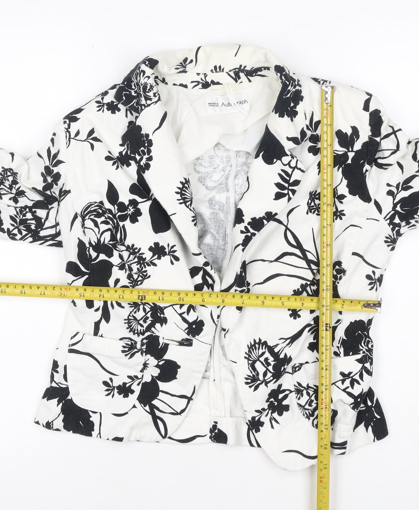 Marks and Spencer Women White Black Floral Linen Blend Blazer UK 10