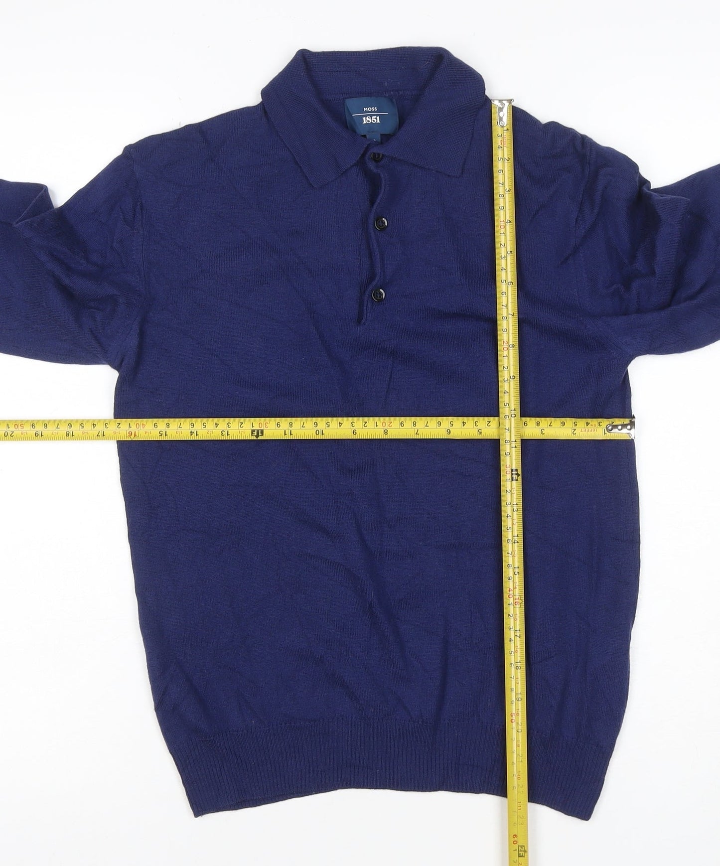 Moss 1851 Men’s Blue Small Merino Wool Collared Henley Jumper