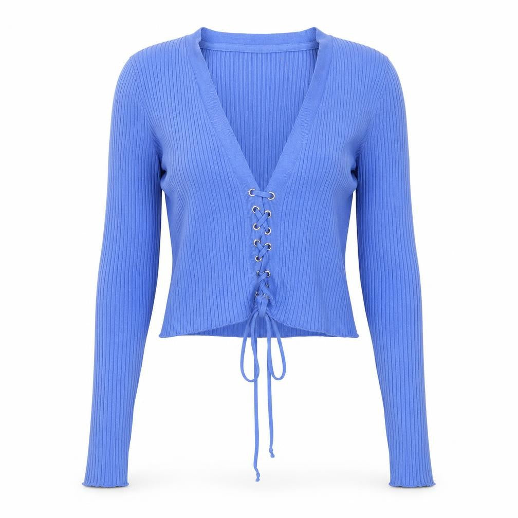 Urban Outfitters Women Blue M Ribbed Lace-Up V-Neck Cardigan