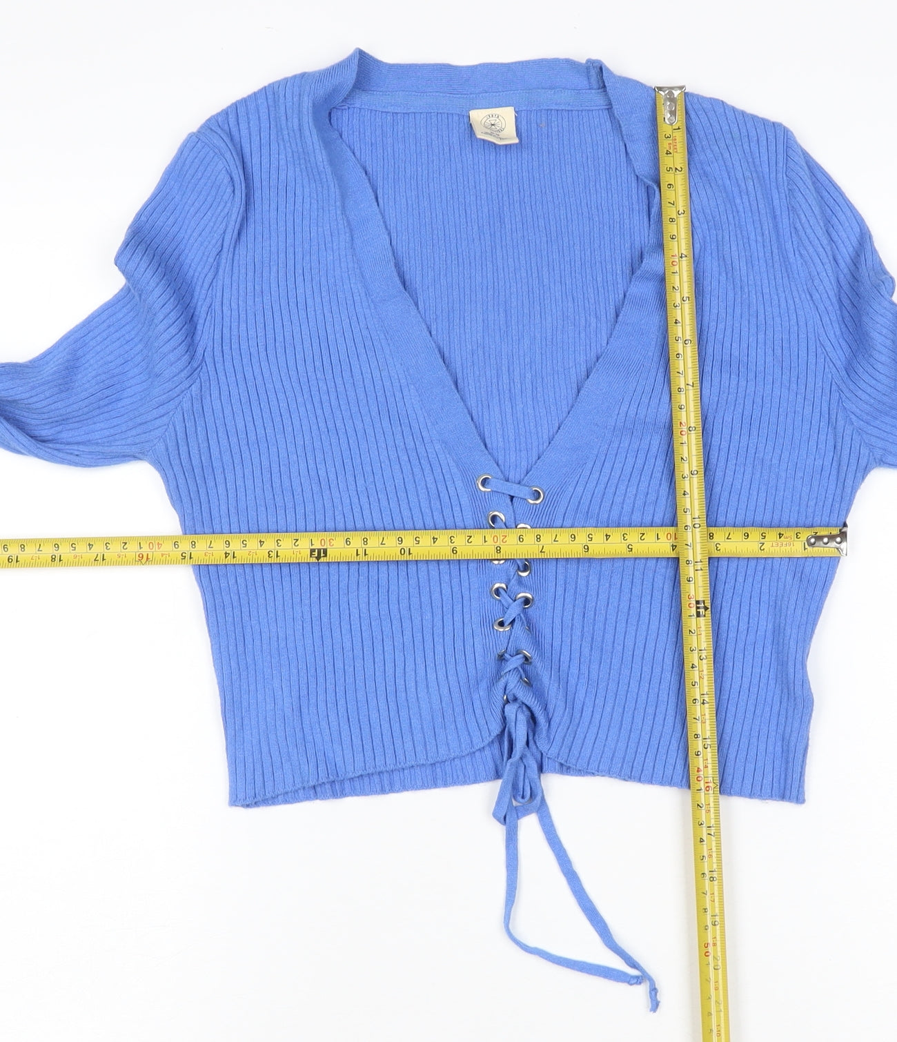Urban Outfitters Women Blue M Ribbed Lace-Up V-Neck Cardigan