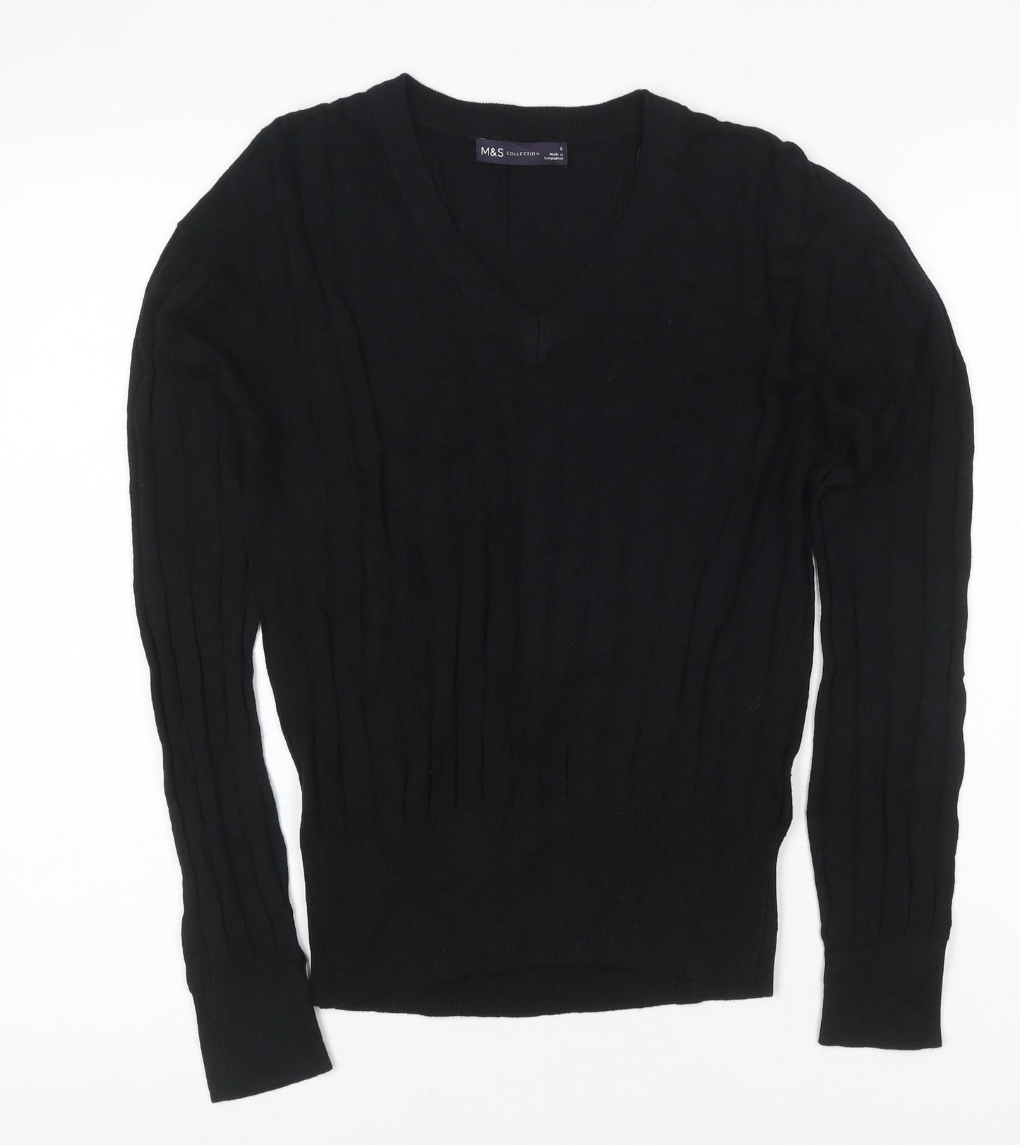 Marks and Spencer Women's Black S V-Neck Ribbed Knit Pullover Jumper