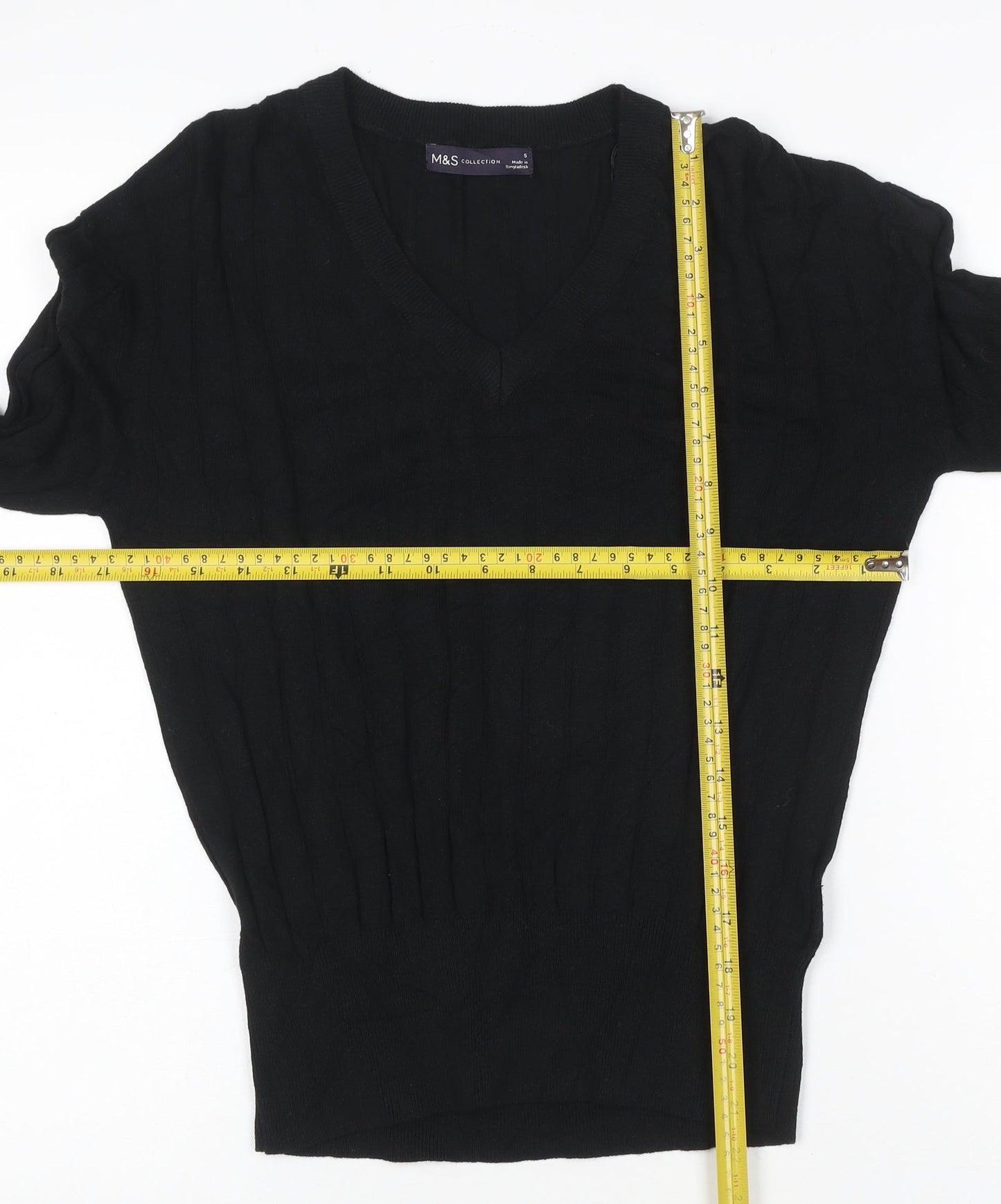 Marks and Spencer Women's Black S V-Neck Ribbed Knit Pullover Jumper