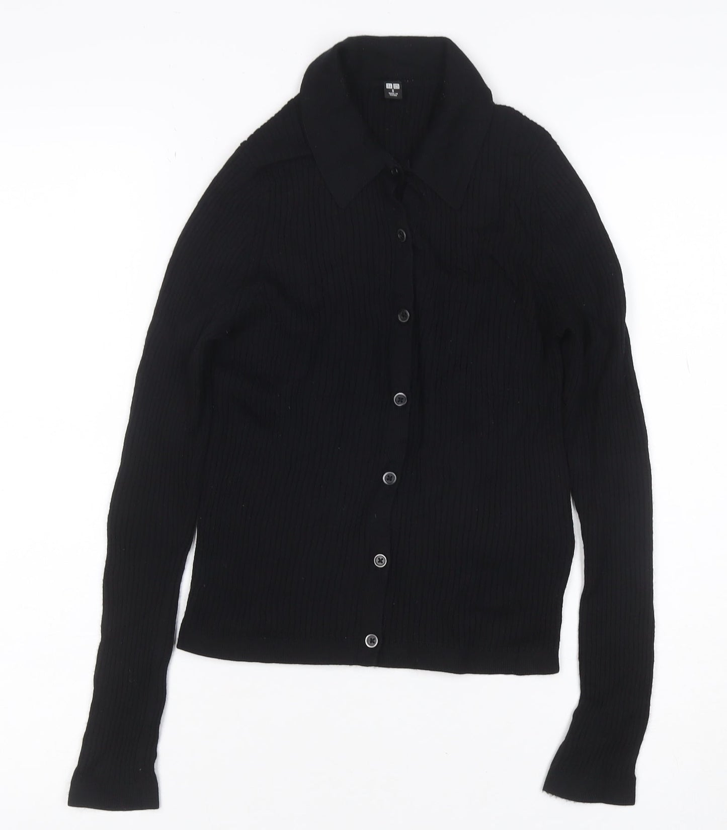 UNIQLO Women Black S 100% Wool Rib Knit Collared Button Cardigan