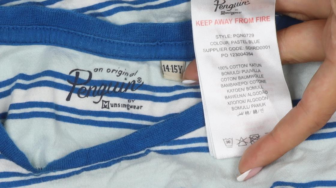Original Penguin Boys Blue Striped 14-15 Years Logo Jersey T-Shirt