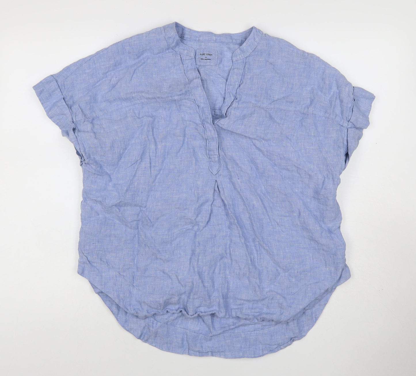 Marks and Spencer Womens Blue Linen Size 14 Short Sleeve Collared Blouse