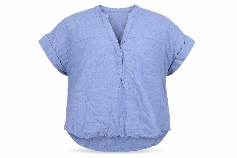 Marks and Spencer Womens Blue Linen Size 14 Short Sleeve Collared Blouse
