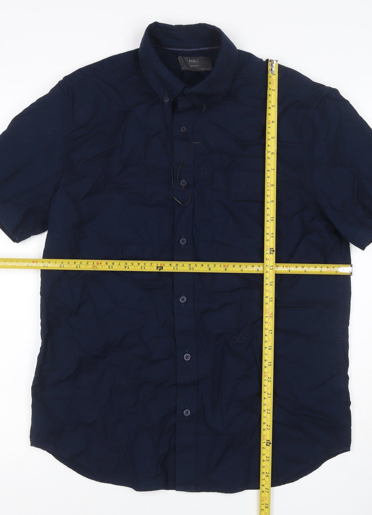 Marks and Spencer Men Navy M Regular Short Sleeve Button-Down Cotton Shirt