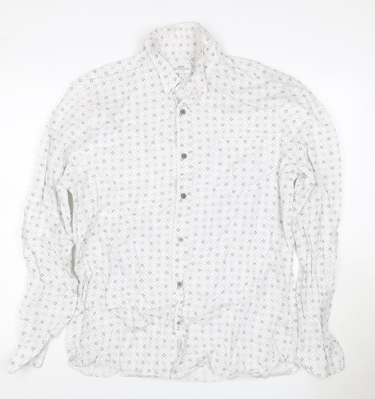 Next Men's White XL Geometric Print Long Sleeve Cotton Button-Up Shirt