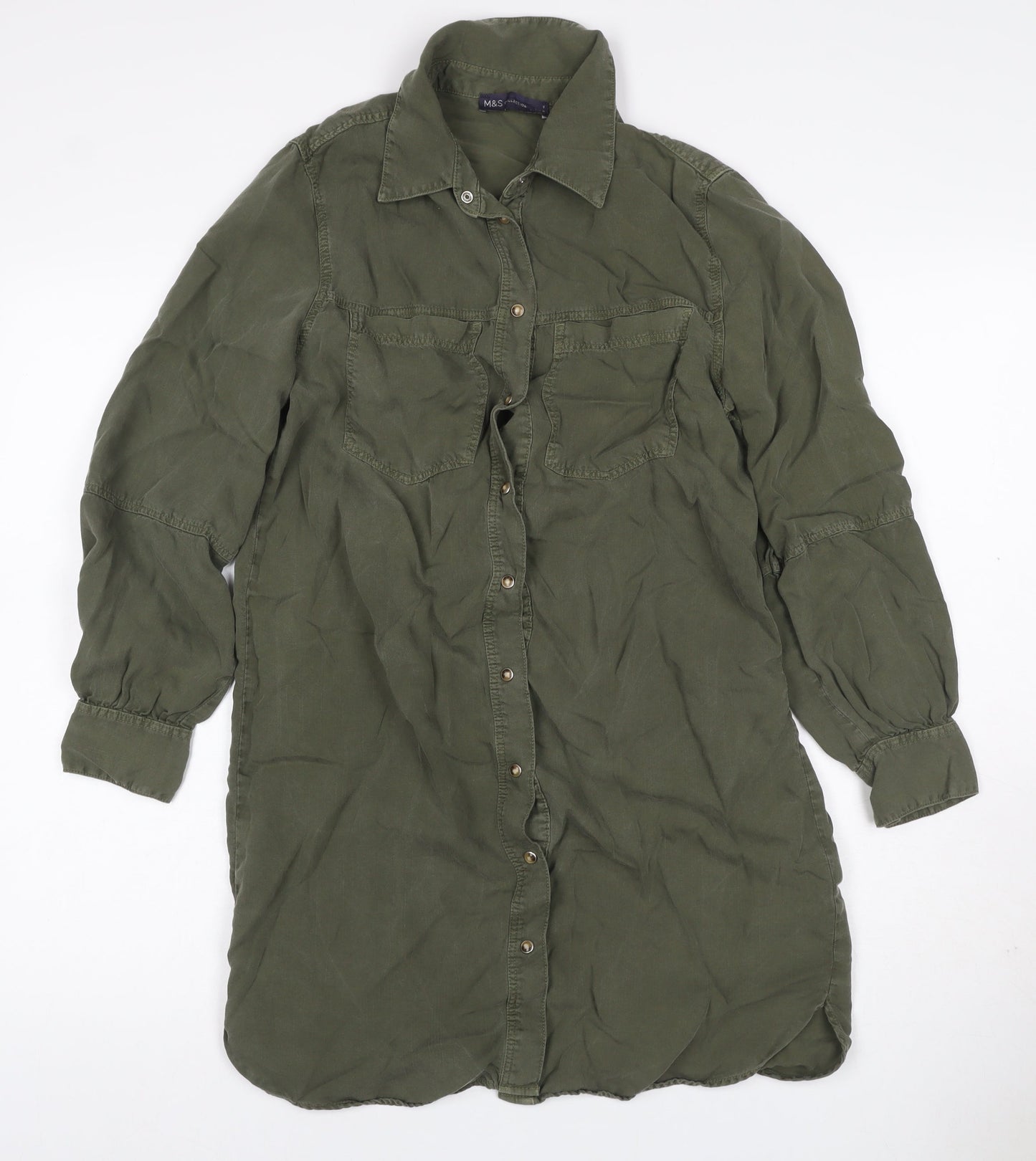 M&S Collection Women Green Size 8 Knee Length Belted Shirt Dress
