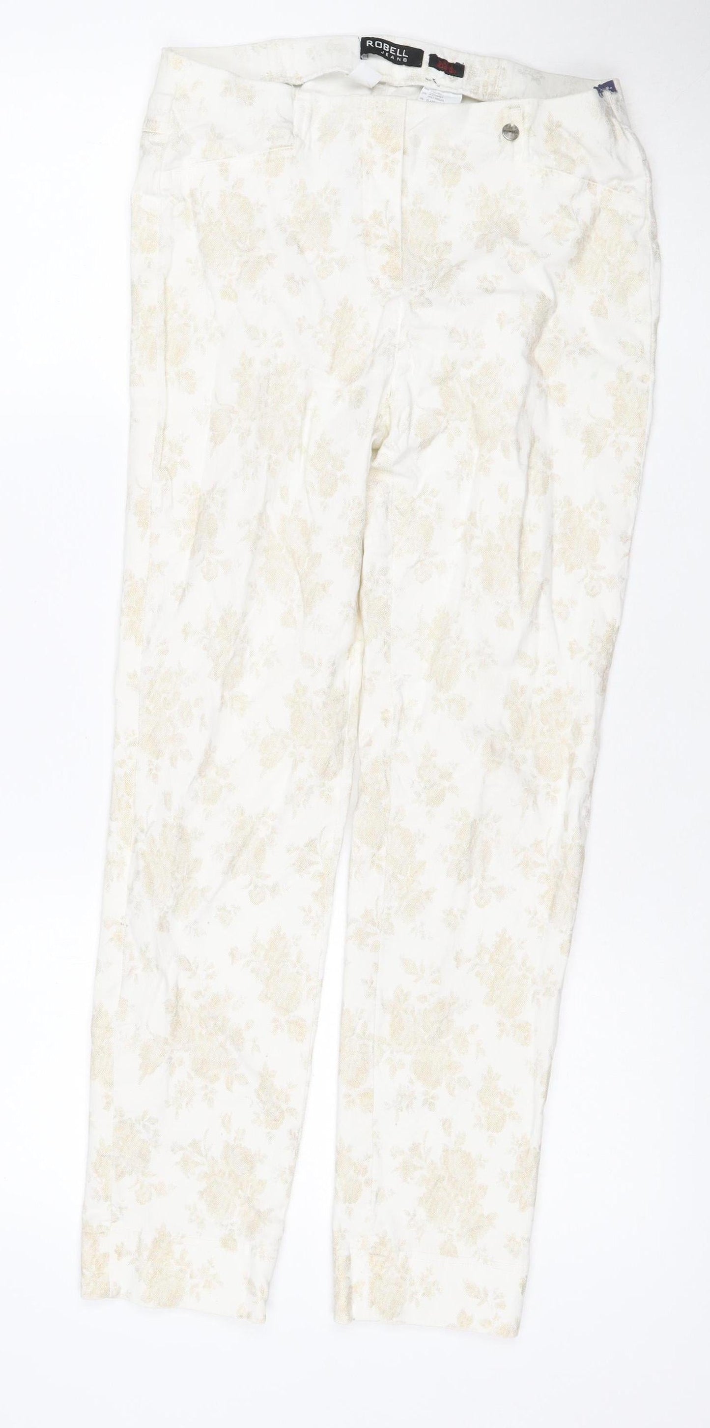 Robell Women’s Ivory Floral Stretch Trousers UK 10 Slim Straight Leg