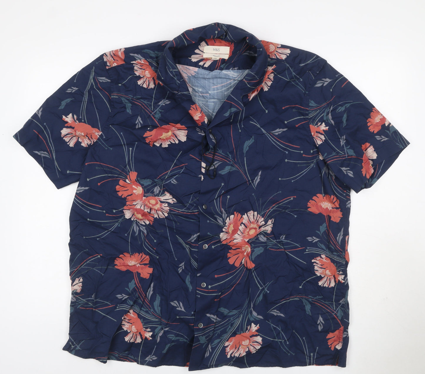 Marks & Spencer Men’s Blue Floral Cotton 2XL Regular Short Sleeve Shirt