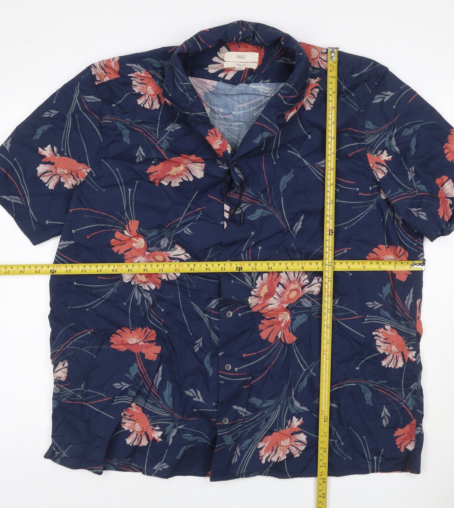 Marks & Spencer Men’s Blue Floral Cotton 2XL Regular Short Sleeve Shirt