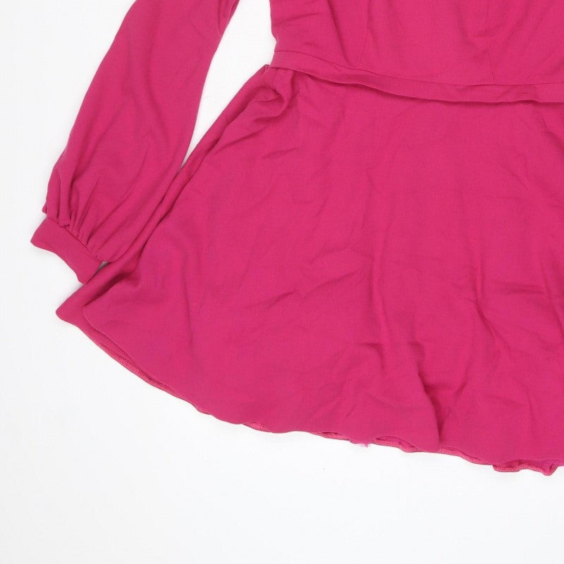 Lola's Women Pink M Skater Dress Long Balloon Sleeve Front Zip