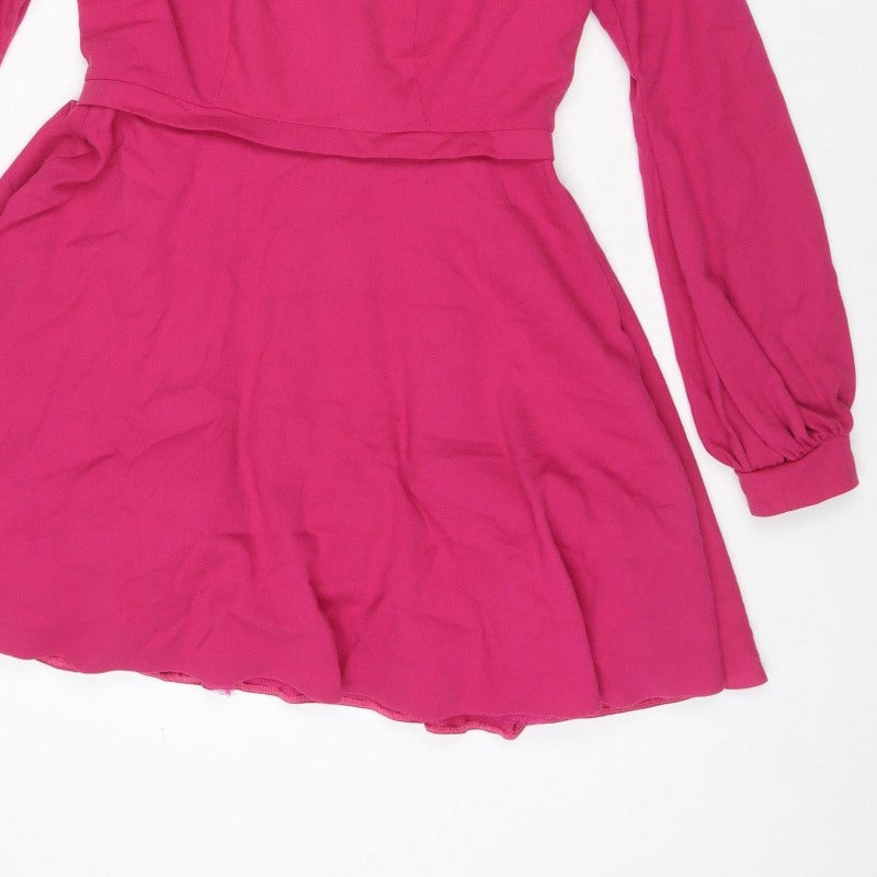 Lola's Women Pink M Skater Dress Long Balloon Sleeve Front Zip
