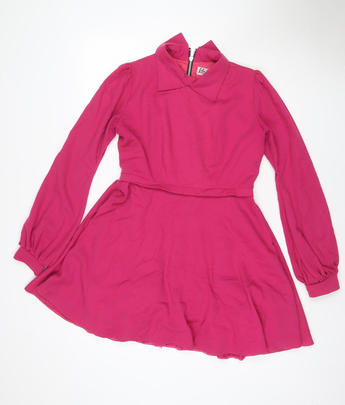 Lola's Women Pink M Skater Dress Long Balloon Sleeve Front Zip