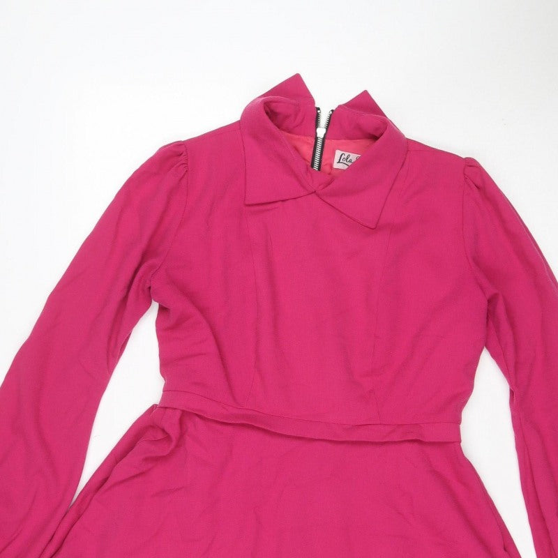 Lola's Women Pink M Skater Dress Long Balloon Sleeve Front Zip