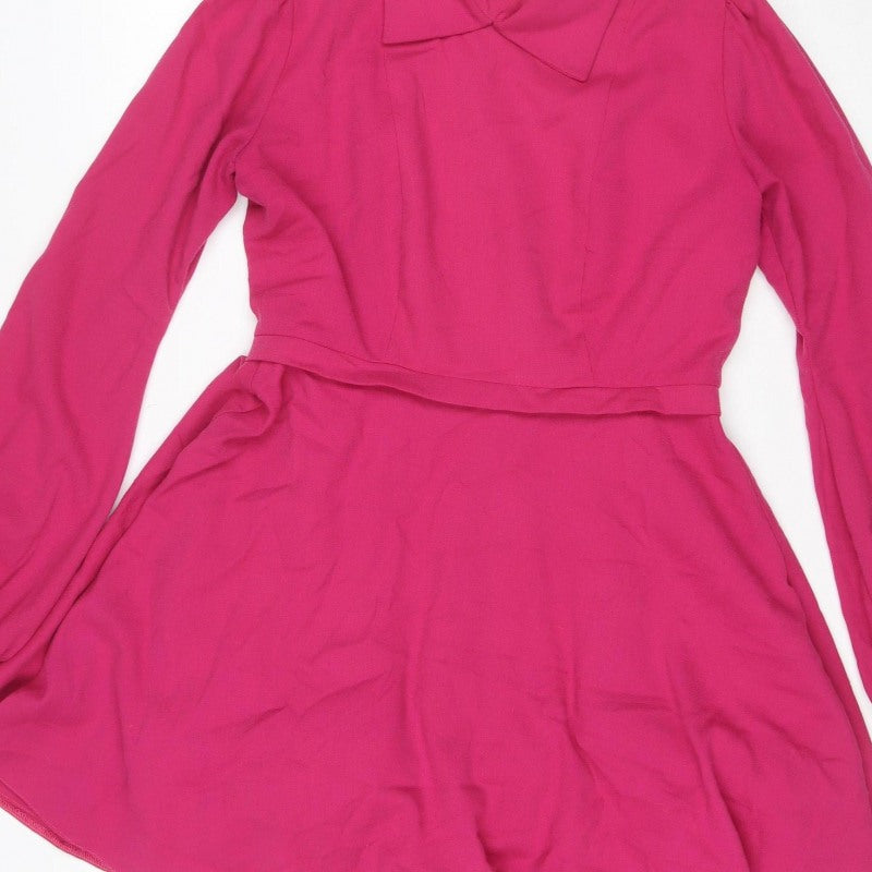 Lola's Women Pink M Skater Dress Long Balloon Sleeve Front Zip