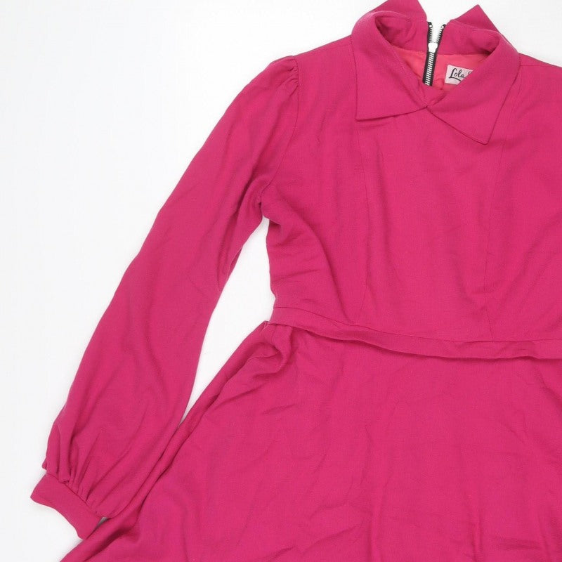 Lola's Women Pink M Skater Dress Long Balloon Sleeve Front Zip