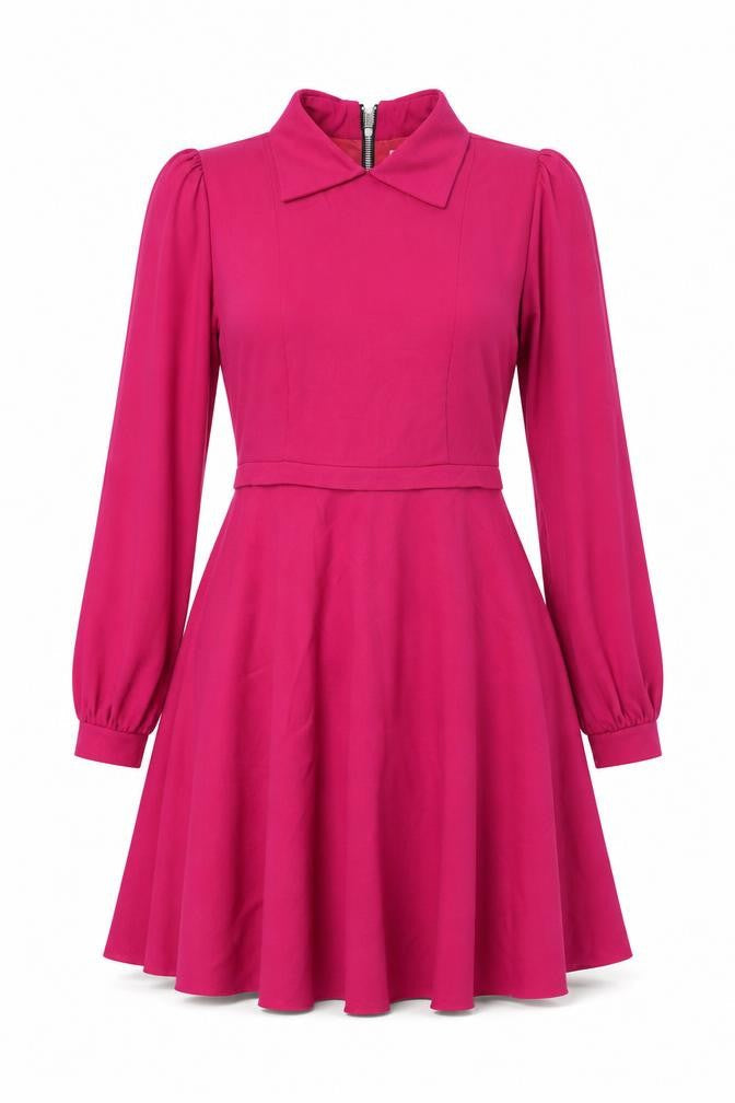 Lola's Women Pink M Skater Dress Long Balloon Sleeve Front Zip