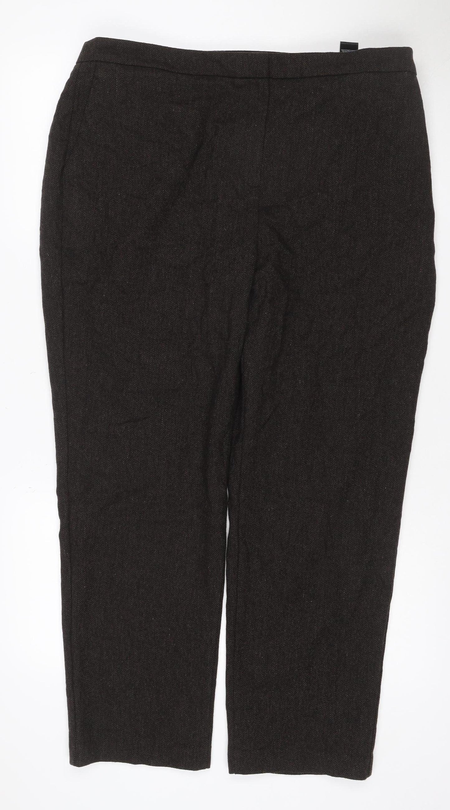 M&S Women’s Brown Herringbone Wool Blend Straight Dress Trousers UK 18 Short
